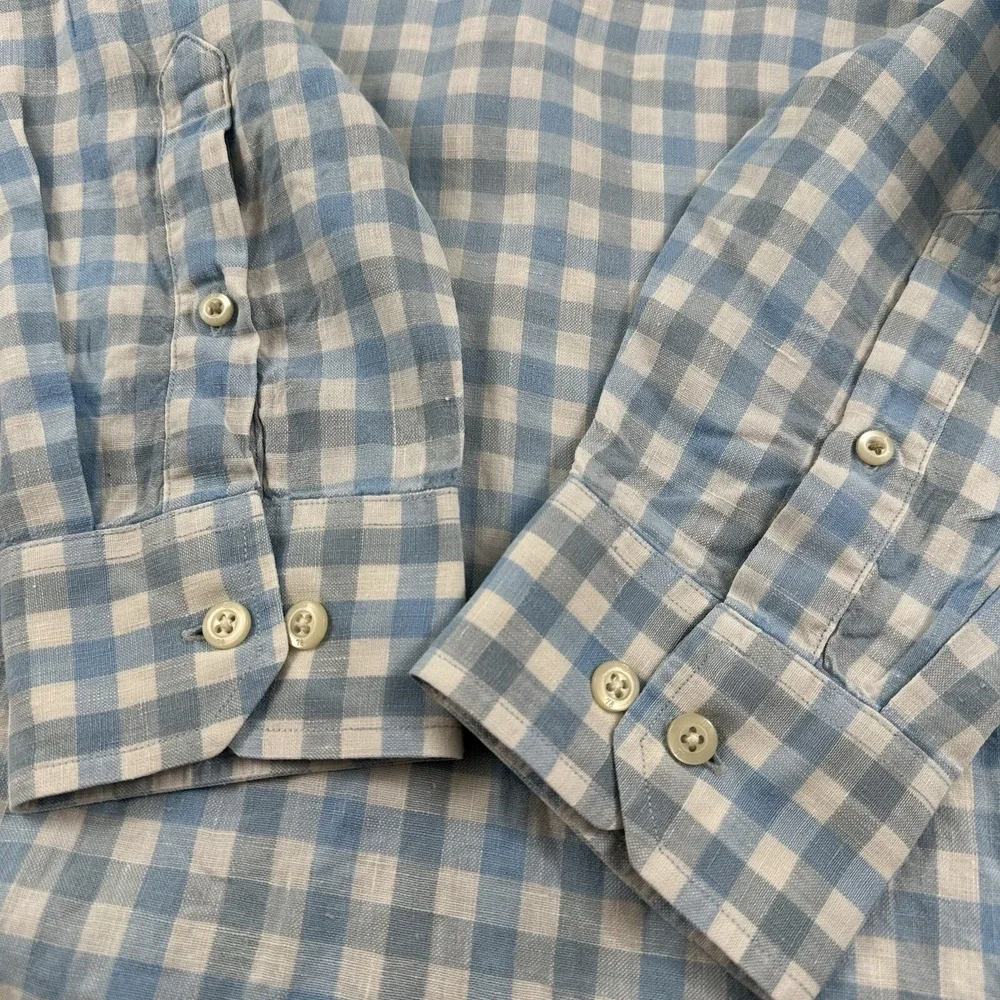 Banana Republic 100% Linen Shirt Men Medium White Blue Gingham Plaid Long Sleeve